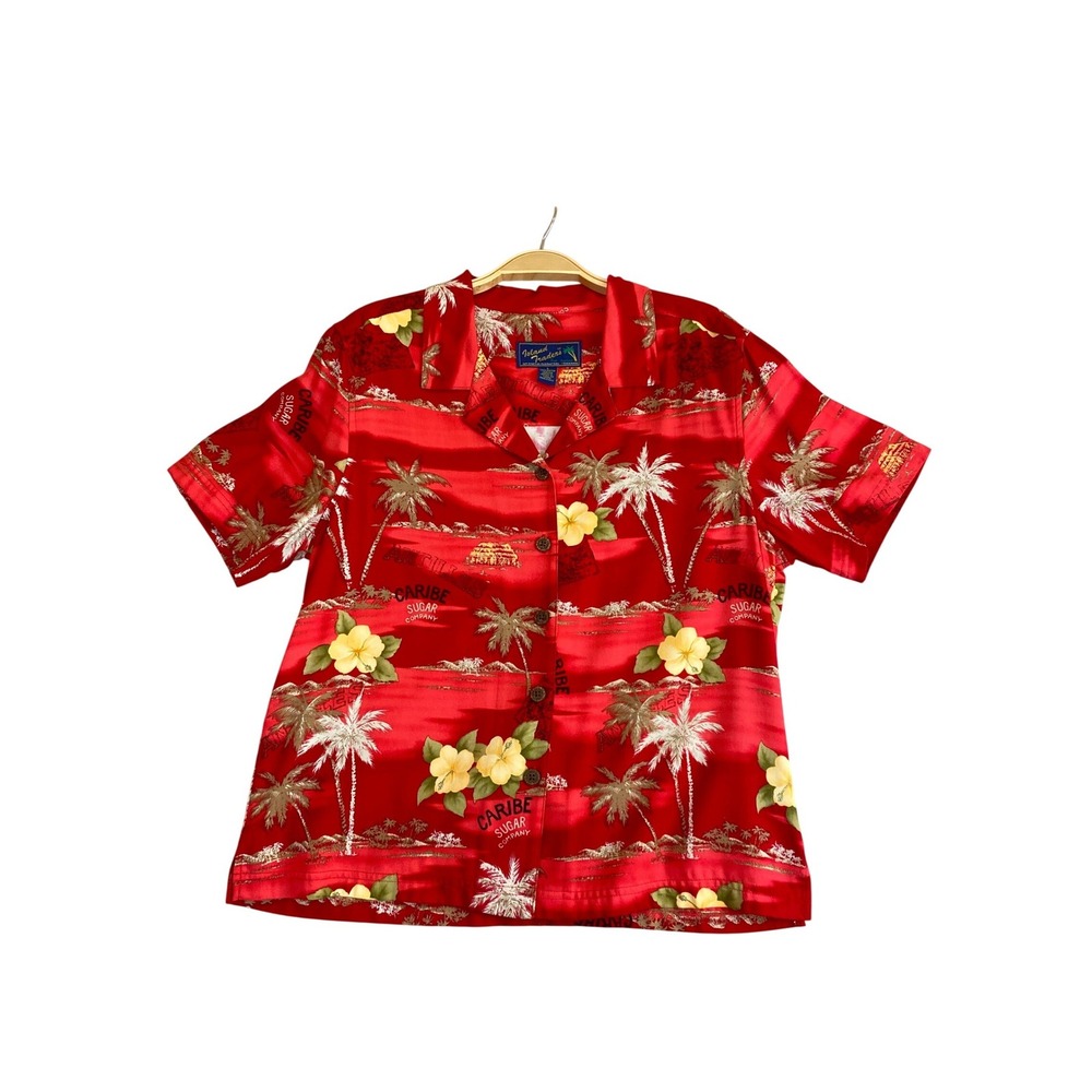 Island Traders Hawaiian Button Up Shirt Men L Red Tropical Floral Aloha Resort